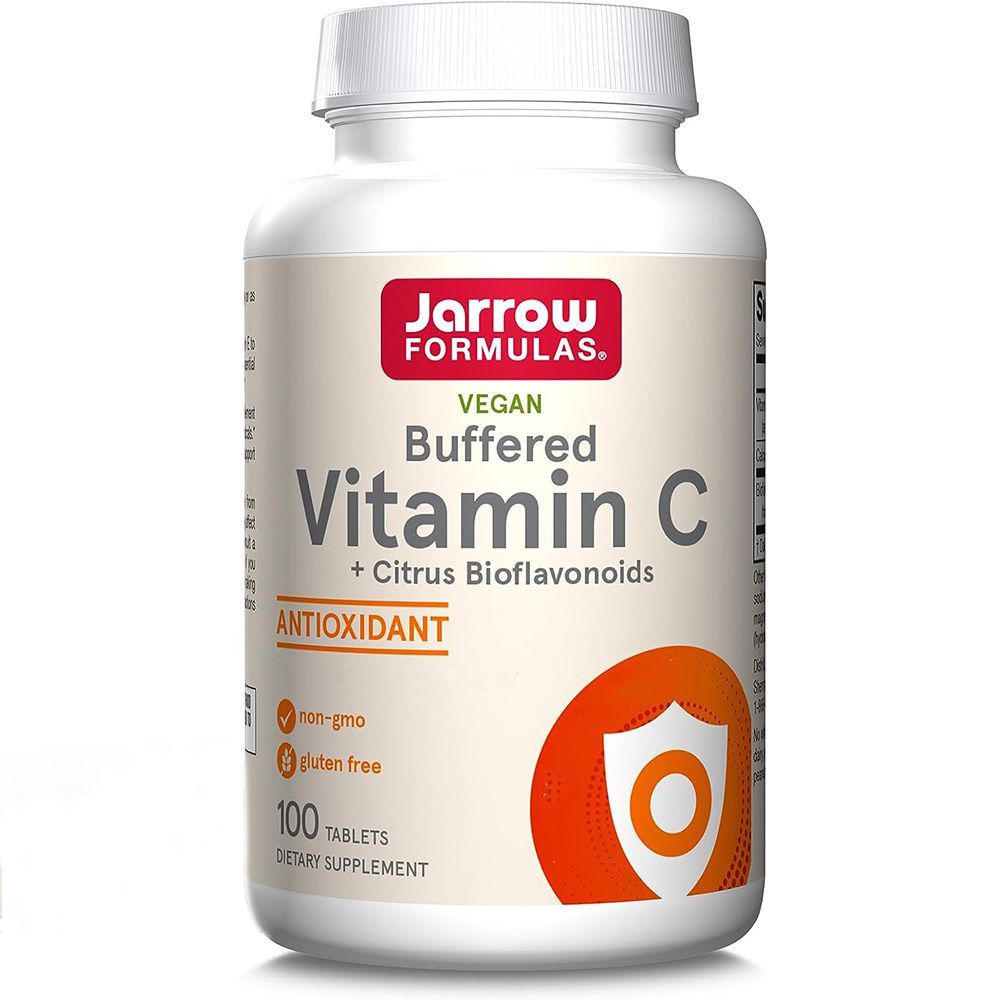 Weiße Flasche mit rotem Etikett. "Jarrow Formulas" und "Vitamin C" Schriftzug. Enthält 100 Tabletten. Vegan.