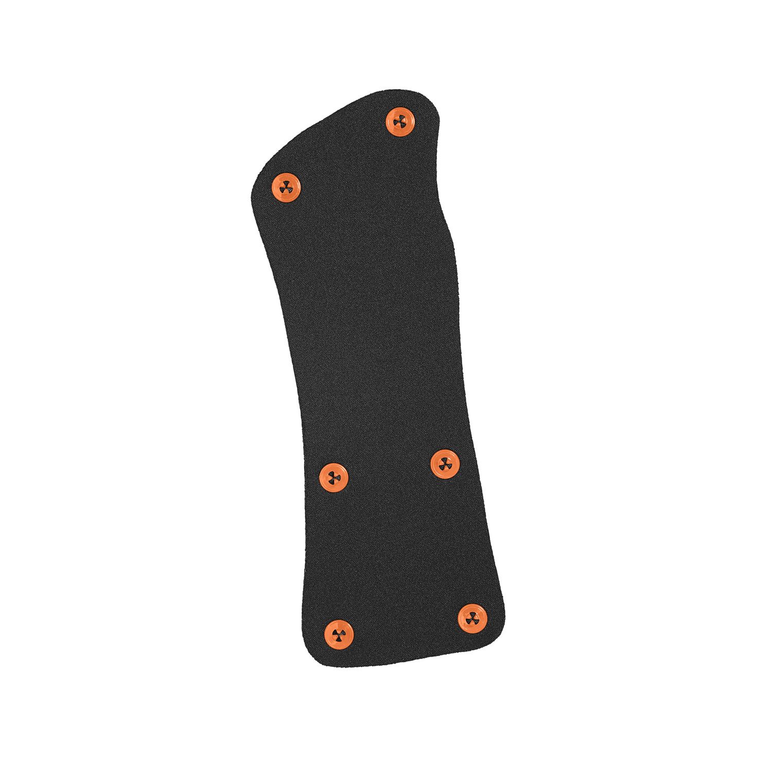 Schwarzes Rahmenpolster mit orangefarbenen Knöpfen. Längliche Form. Textiloberfläche.