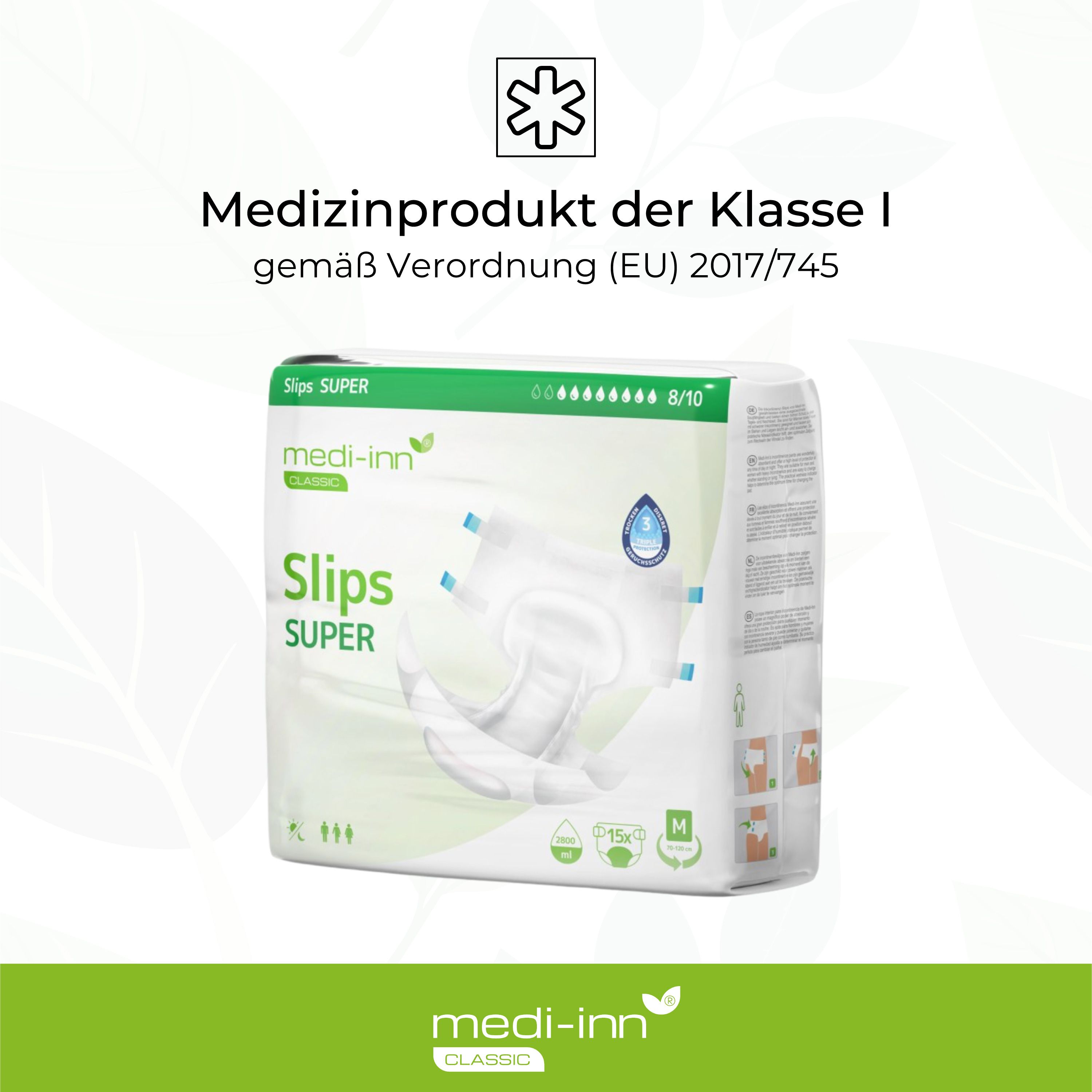 Verpackung von Medi-Inn Slips SUPER. Aufdruck: Slips SUPER, 8/10 Tropfen, Größe M. Medizinprodukt Klasse I.