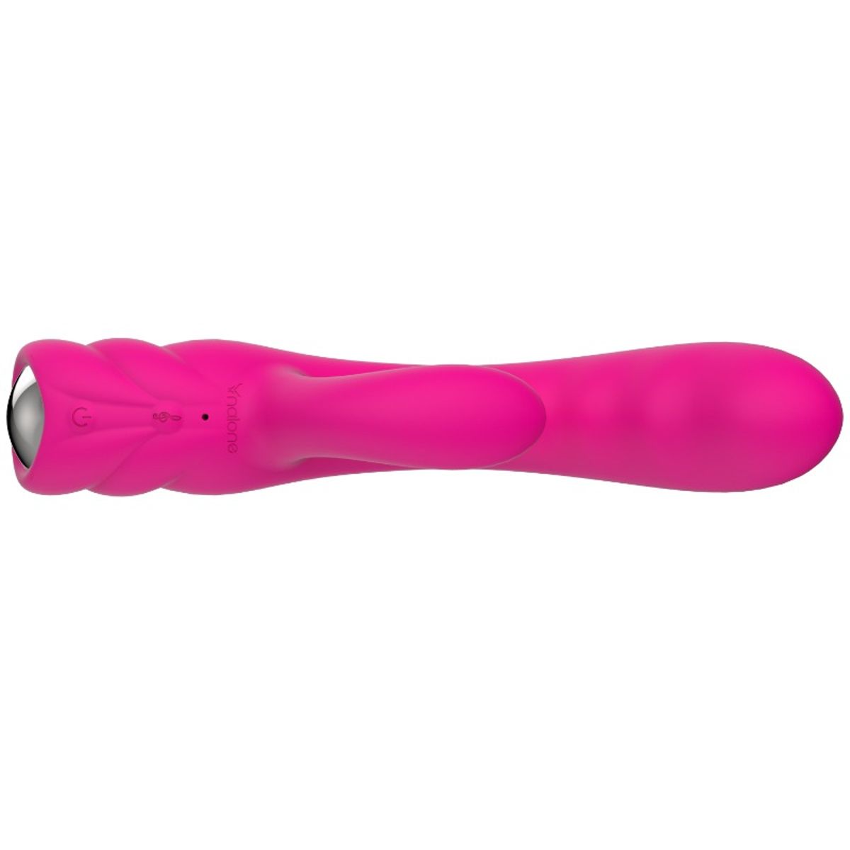Pinkfarbener Vibrator mit gebogener Form und zwei Ausläufern. An einem Ende befindet sich eine silberfarbene Kugel.
