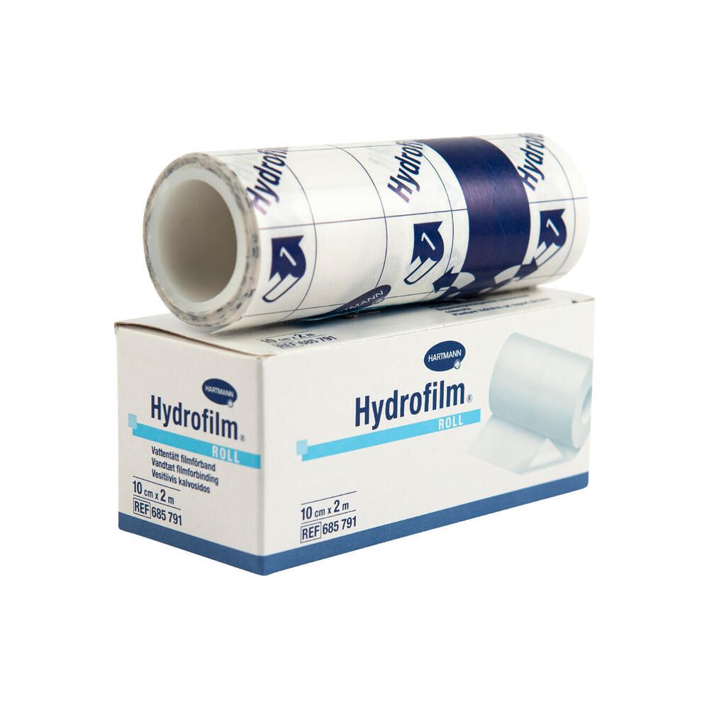 Hydrofilm-Rolle auf Verpackung. Rolle mit Produktnamen und blauen Streifen. Weiße Verpackung.