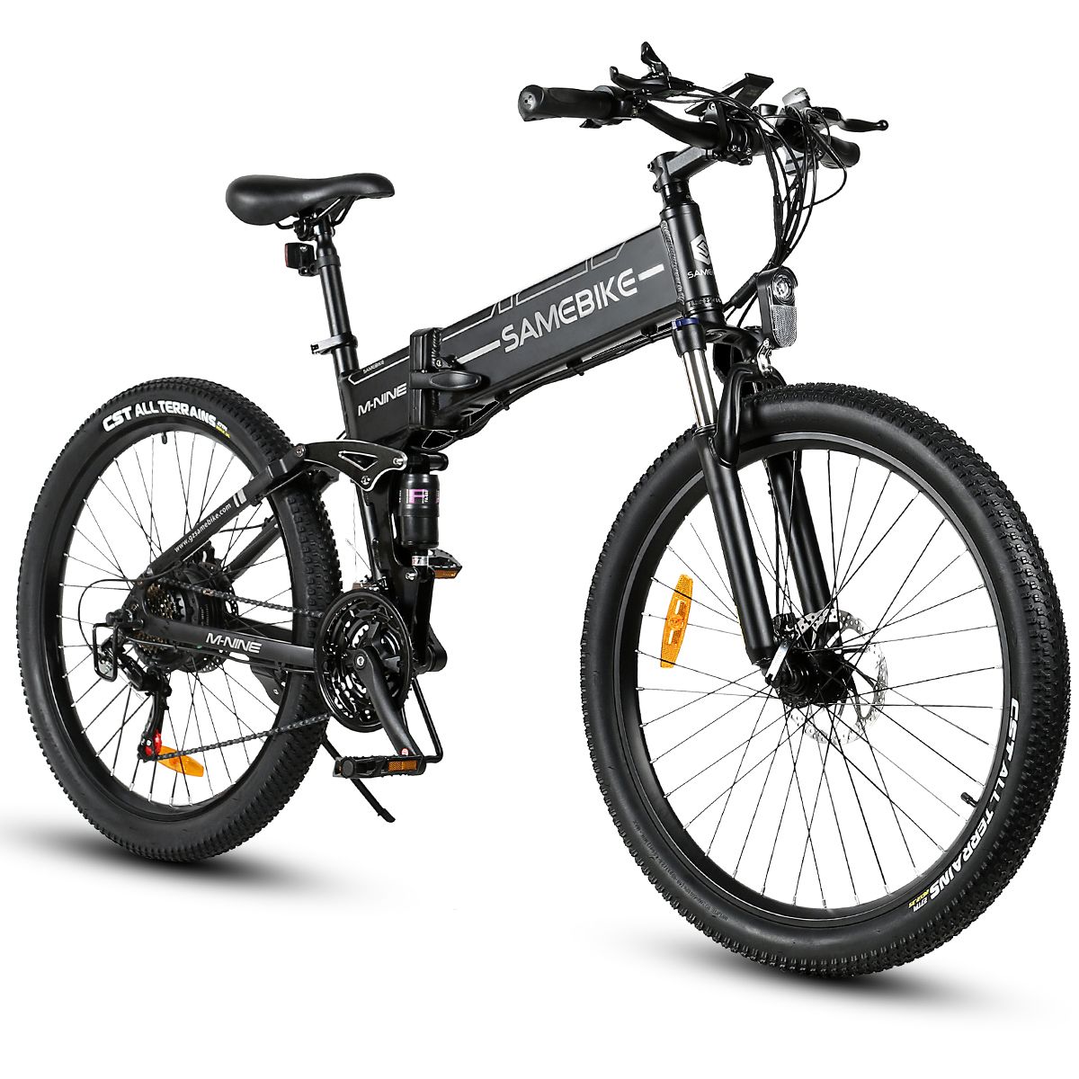 Schwarzes Elektrofahrrad mit gefalteten Rahmen. Sichtbar sind Räder, Sattel, Lenker und Akku. Marke SAMEBIKE.
