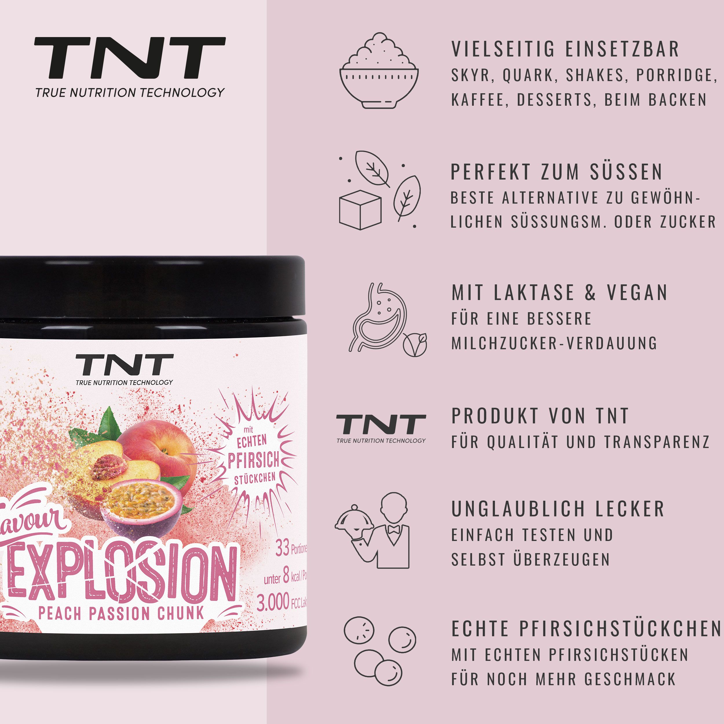 Dose TNT Flavour Explosion und Infografiken zu Verwendung und Eigenschaften.