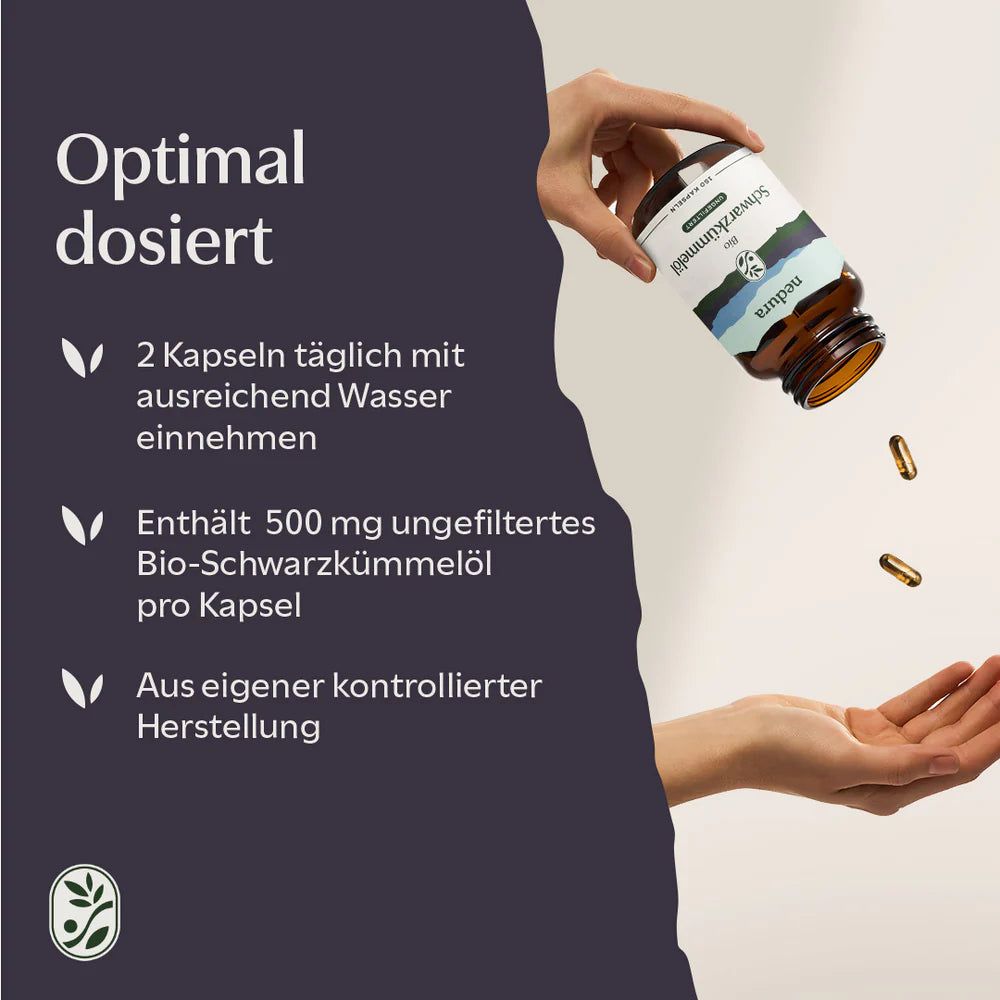 Hand hält Kapseln. Text: Optimal dosiert. 2 Kapseln täglich. Enthält 500 mg Bio-Schwarzkümmelöl pro Kapsel.