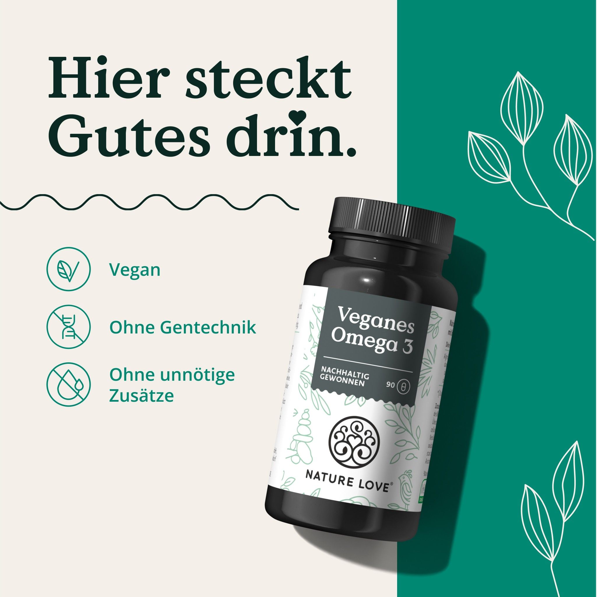 Schwarze Flasche mit Kapseln. Aufschrift: Veganes Omega 3. Logo und Schriftzug NATURE LOVE®. Vegan, ohne Gentechnik.