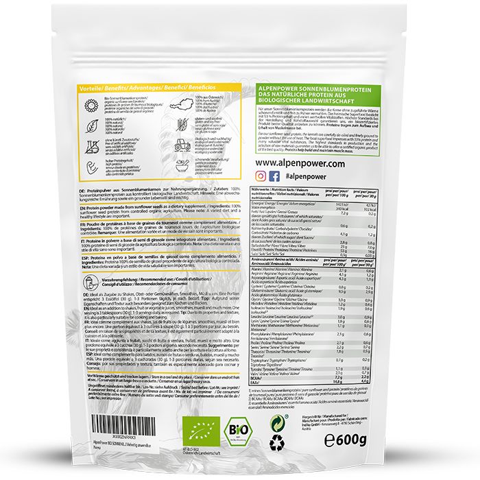 AlpenPower Bio Sonnenblumenkern-Protein 600 g Pulver