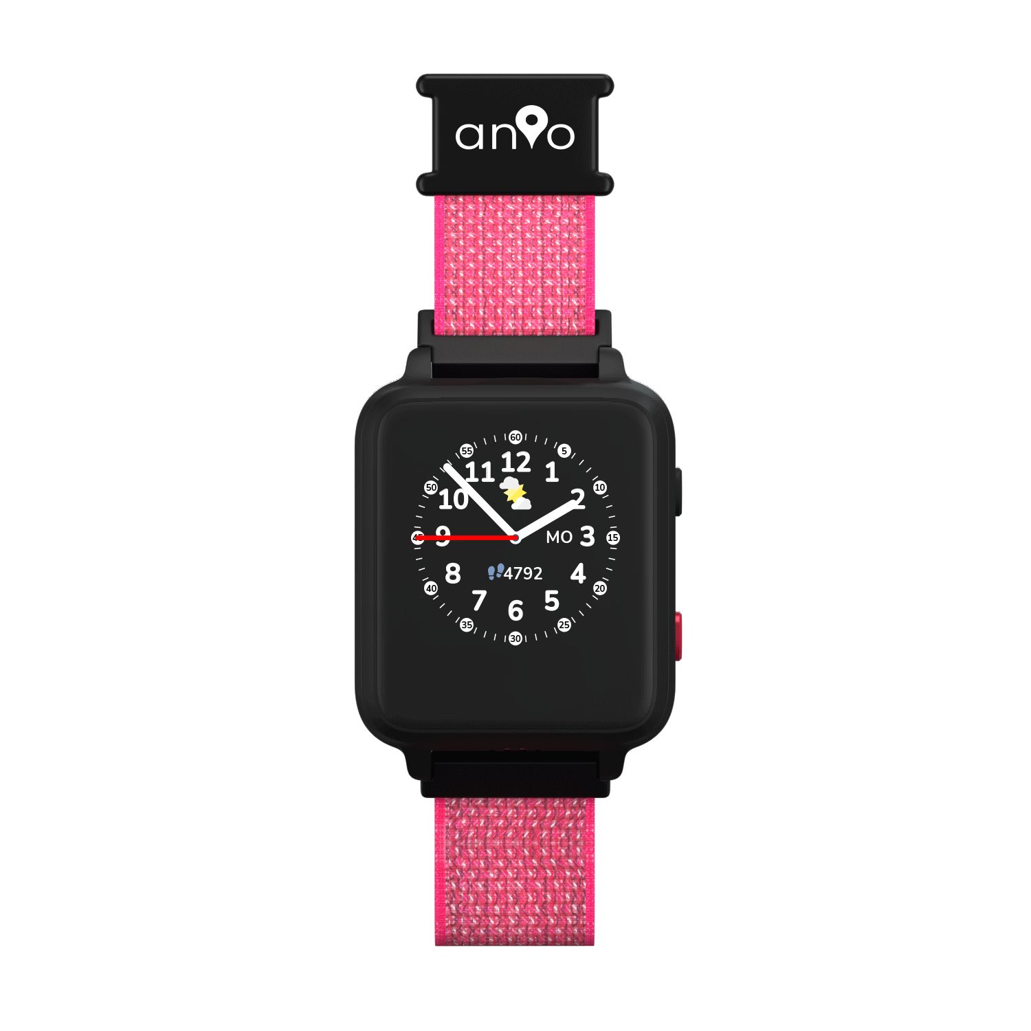 Schwarze Smartwatch mit pinkfarbenem Armband. Zifferblatt mit Zahlen und Zeigern. Marke "anvo" auf dem Armband.