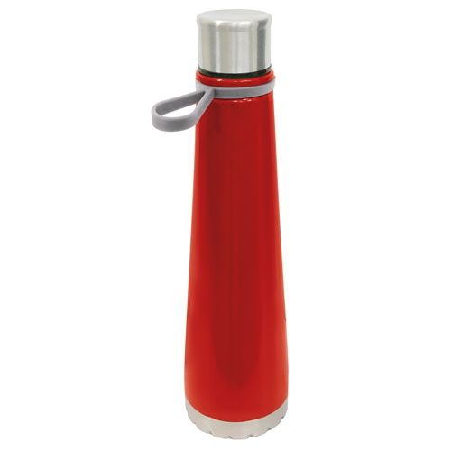 Rote, konische Trinkflasche mit silbernem Deckel und grauem Tragegriff. Edelstahl-Optik.