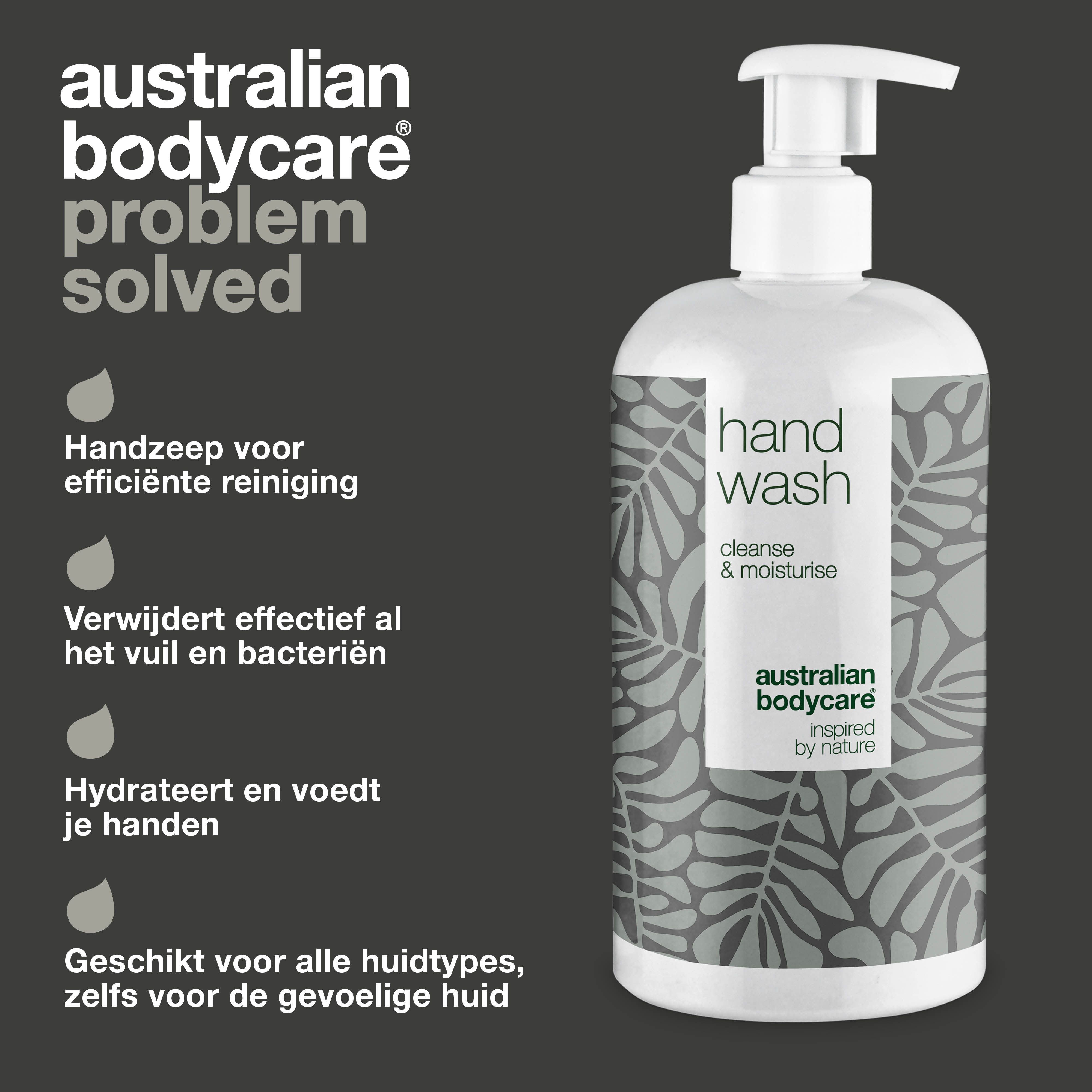 Probleem: vuile handen. Oplossing: handzependispenser. Opschrift: Hand Wash, cleanse & moisturise, Australian Bodycare.