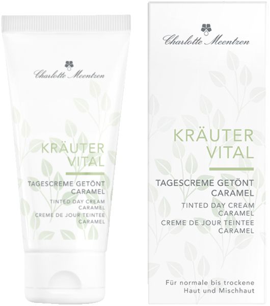 Tube und Verpackung. Tube mit Produktnamen und Logo. Verpackung mit Produktnamen und Logo. Text: Kräuter Vital Tagescreme getönt Caramel.
