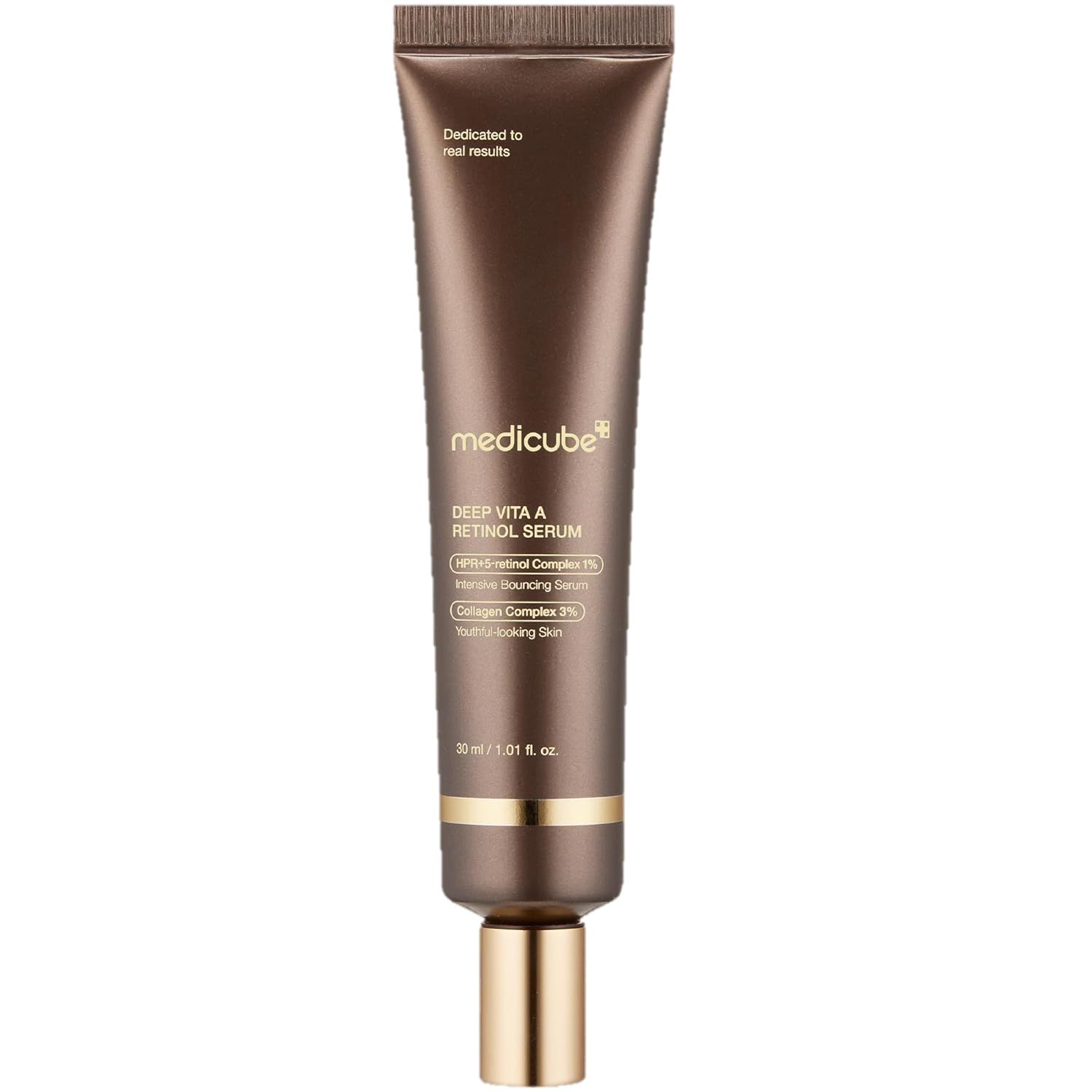 Braune Tube mit goldfarbenem Deckel. Aufschrift: Medicube Deep Vita A Retinol Serum. Text und Logos.
