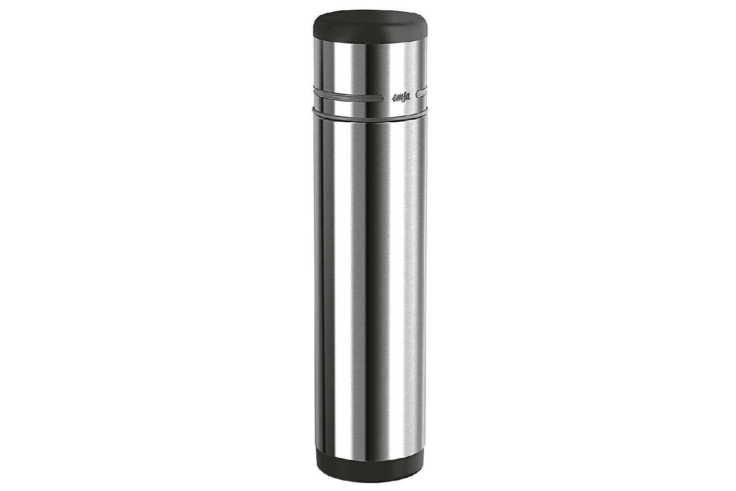 Isolierflasche, Edelstahl, schwarz. Deckel und Boden schwarz, silberner Korpus. EMSA-Logo. Zylindrische Form.