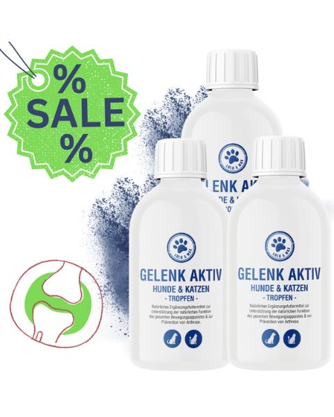 Drei Flaschen Gelenk Aktiv Tropfen. Grün Sale-Zeichen. Marke: Lolo & Max. Produktname: Gelenk Aktiv Tropfen für Hunde & Katzen.