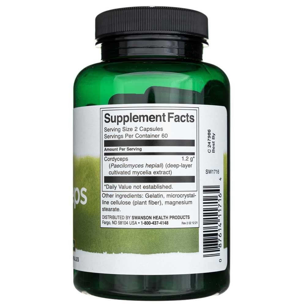 Rückseite einer grünen Flasche mit SWANSON Cordyceps Supplement Facts und Inhaltsstoffen.