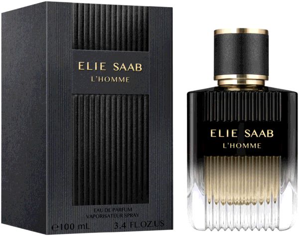 Schwarzer Flakon und Schachtel. Aufschrift: ELIE SAAB L'HOMME. 100 ml, 3.4 FL.OZ.U.S. Auf der Schachtel.