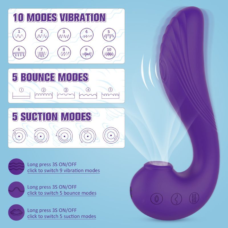 Lila Vibrator mit drei Knöpfen. Text zeigt 10 Vibrationsmodi, 5 Bounce-Modi und 5 Saugmodi. Bedienungsanleitung.