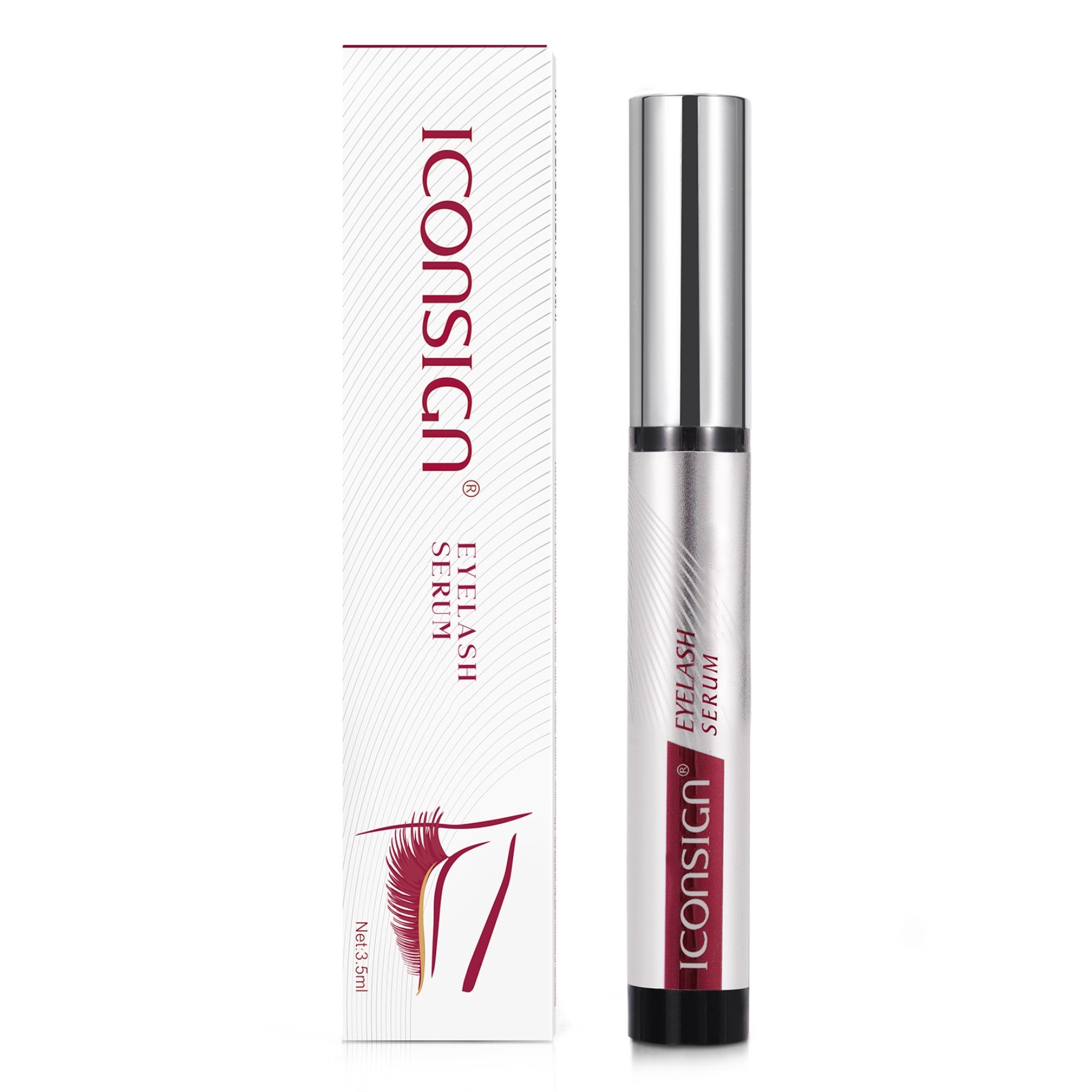 Serum-Fläschchen und Verpackung. Auf der Verpackung steht "Iconsign". Auf dem Fläschchen steht "Eyelash Essence Liquid".