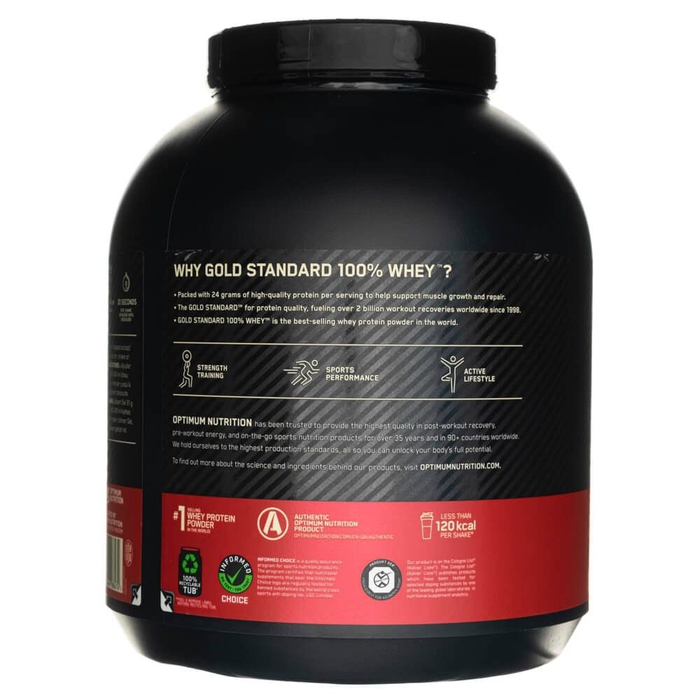 Rückseite der Dose Optimum Nutrition Gold Standard 100% Whey Protein mit Siegeln und Kalorienangabe.