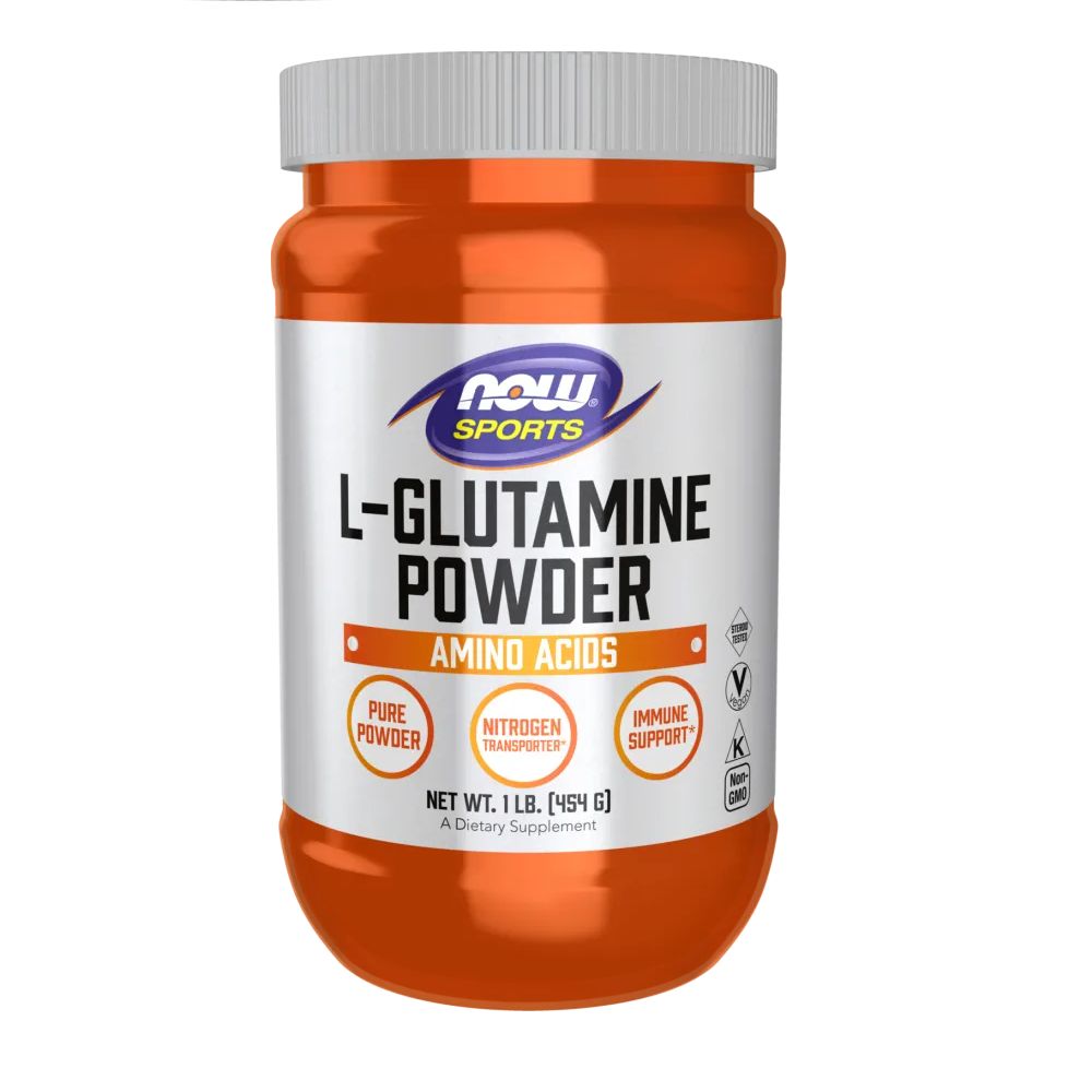Orangefarbene Dose mit weißem Deckel. Aufschrift: L-Glutamin Pulver, Aminosäuren, Now Sports. Nettoinhalt: 1 lb. (454 g).