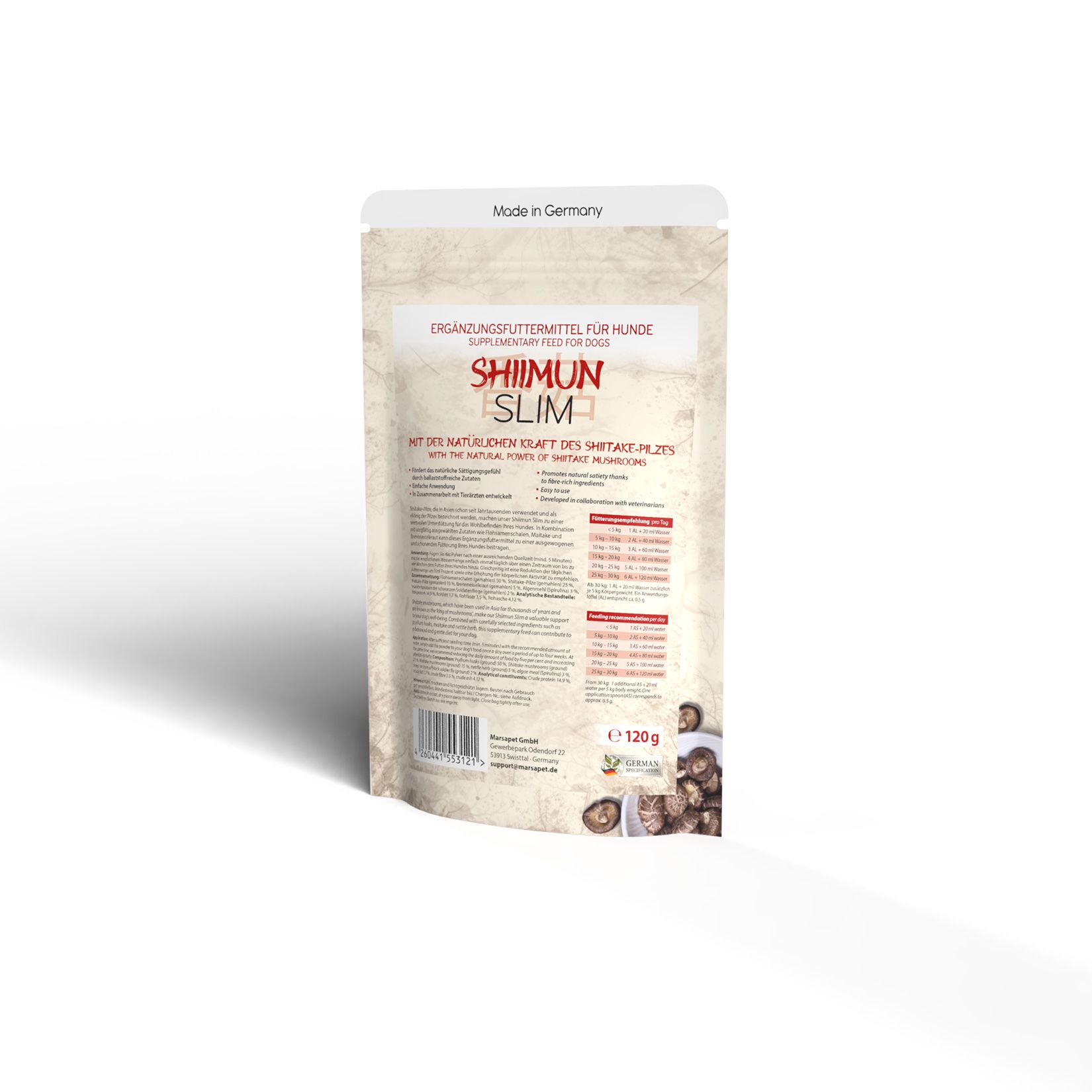 Beutel mit Text und Abbildungen. Aufschrift: SHIIMUN SLIM. Rückseite mit Text und Tabelle. Hergestellt in Deutschland. 120g.