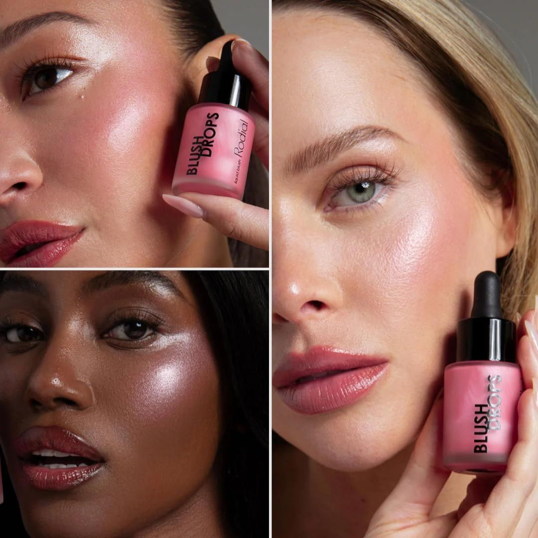 Collage von Frauen, die Rodial Blush Drops Frosted Pink verwenden.