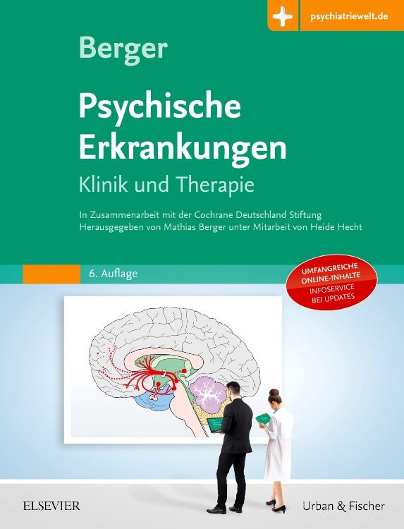 Buchcover: "Psychische Erkrankungen". Titel, Autoren, und Verlag Elsevier. Abbildung eines Gehirns und zwei Personen.