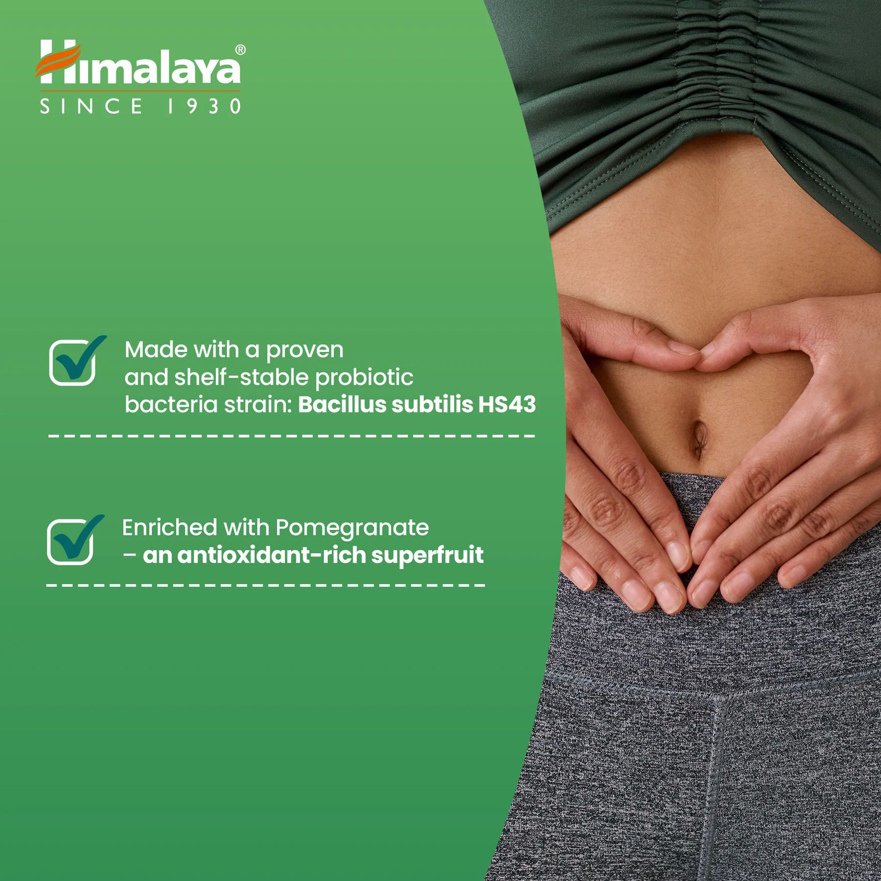 Hände formen Herz über Bauch. Text: Mit probiotischen Bakterien und Granatapfel angereichert.