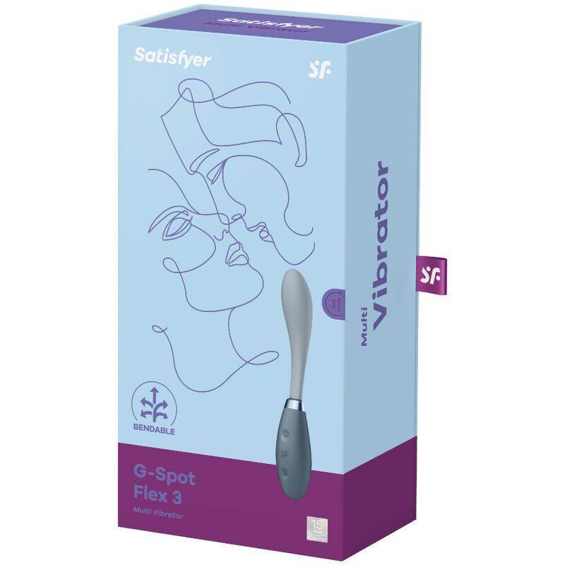 Verpackung mit einem Vibrator. Auf der Verpackung steht "Satisfyer", "G-Spot Flex 3" und "Multi Vibrator".