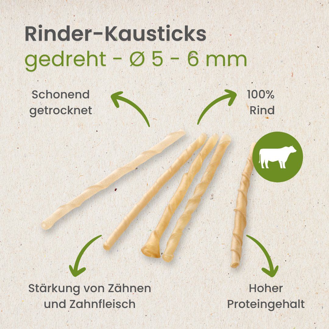 Gedrehte Rinder-Kausticks, 100% Rind, schonend getrocknet, hoher Proteingehalt.