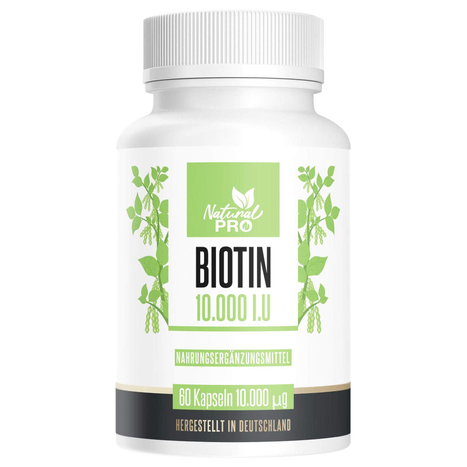 Weiße Flasche mit grünem Etikett. Aufschrift: Natural Pro Biotin 10.000 I.U. Nahrungsergänzungsmittel. 60 Kapseln. Hergestellt in Deutschland.