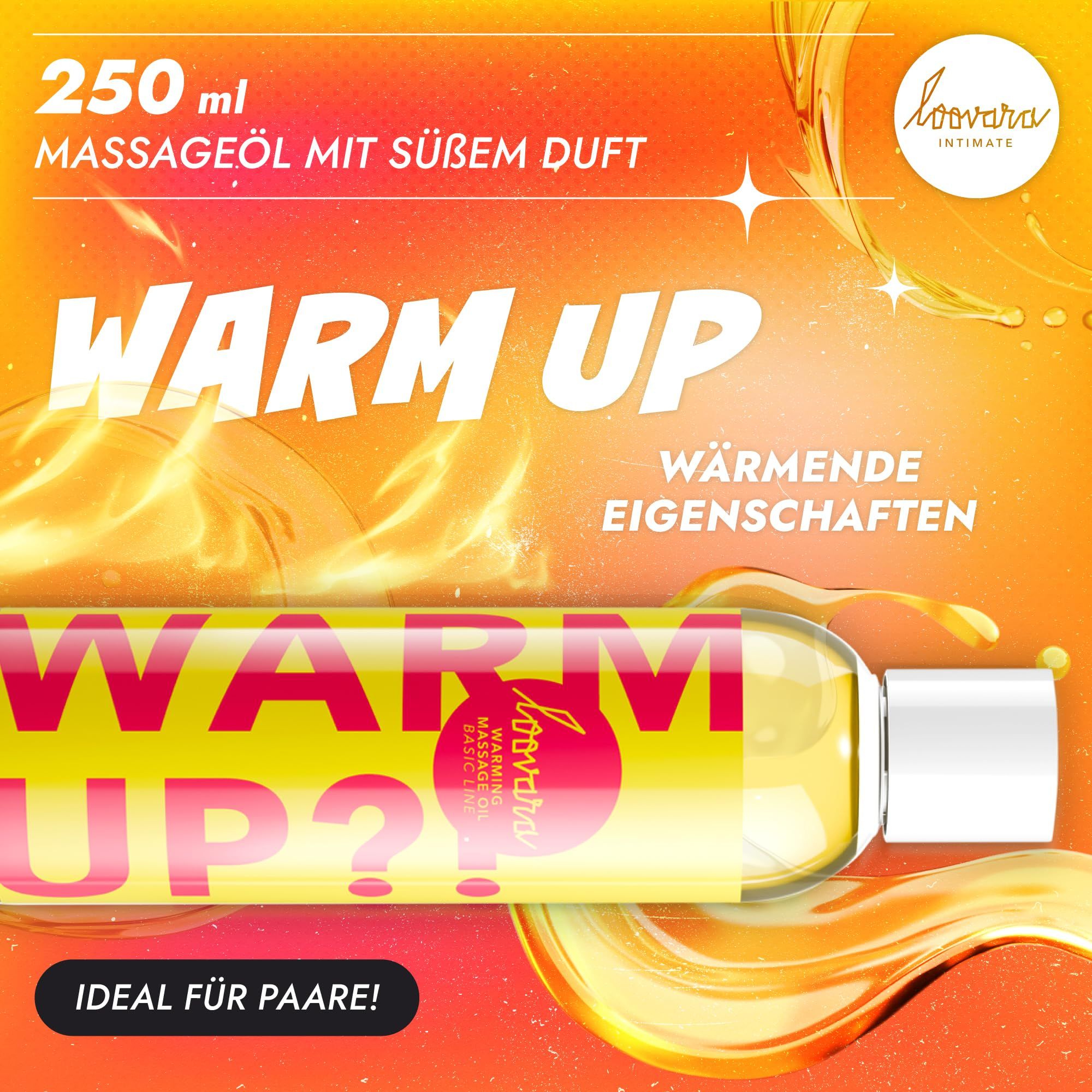 Fünf Flaschen Loovara Intimate Massageöl mit verschiedenen Aufschriften wie 'Warm Up?' und 'Lemon Squeeze'.