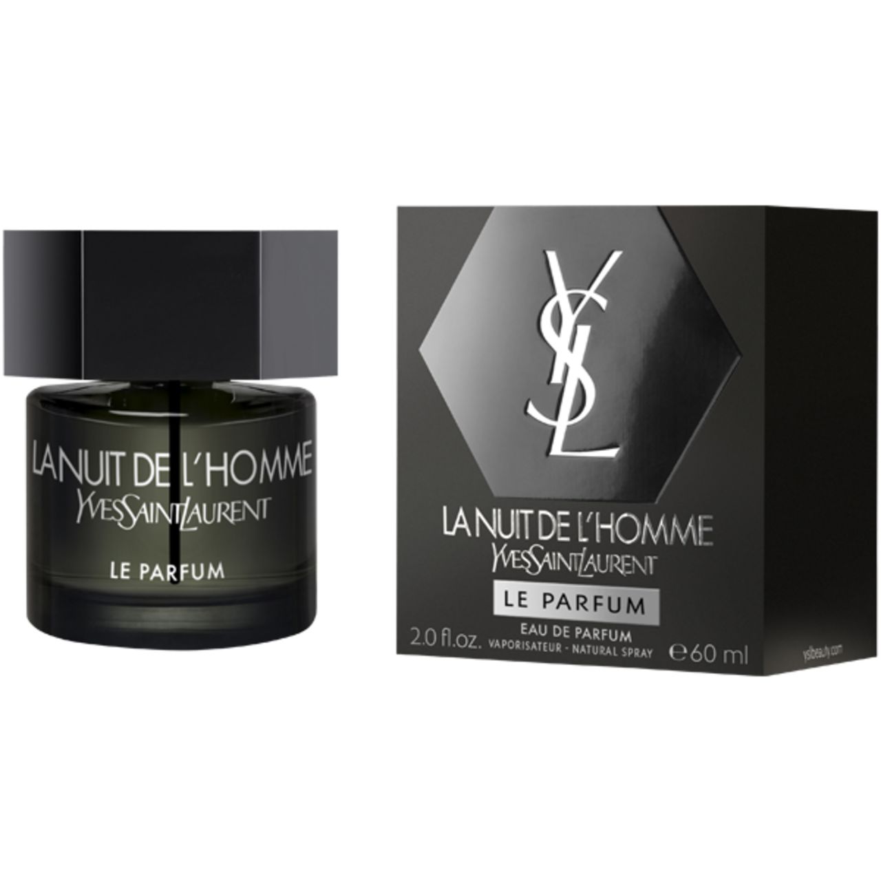 Flakon und Verpackung. Flakon: La Nuit de L'Homme, Yves Saint Laurent, Le Parfum. Verpackung: Logo, Name, Eau de Parfum, 60 ml.