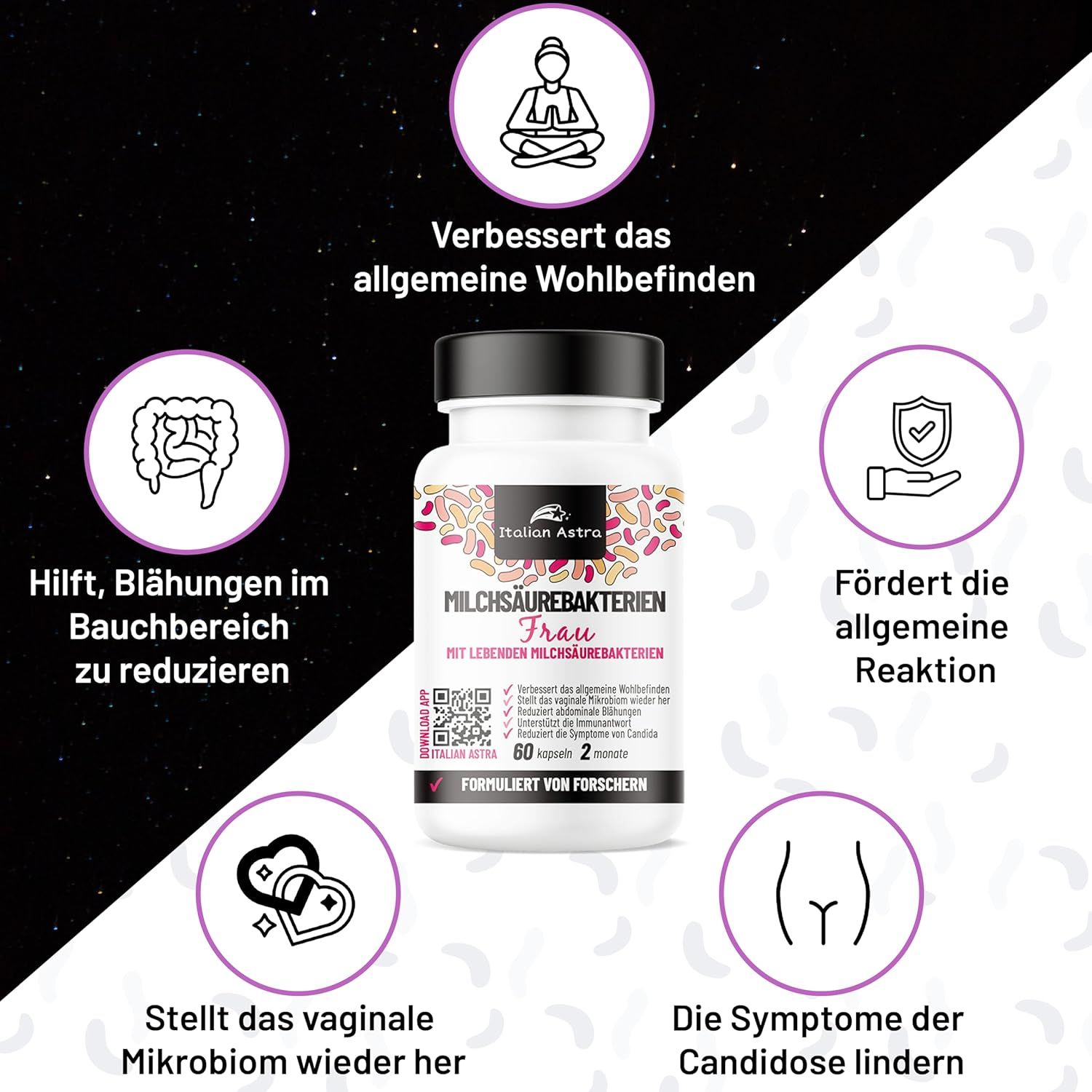 Produktflasche mit Icons: Wohlbefinden, Blähungen, Immunsystem, vaginale Mikrobiota, Candidose.