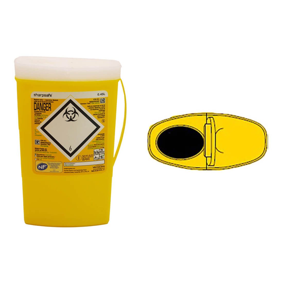 Gelber Behälter mit weißem Deckel. Aufschrift "Sharpsafe" und Gefahrensymbol. 0,45L. Mit Griff.