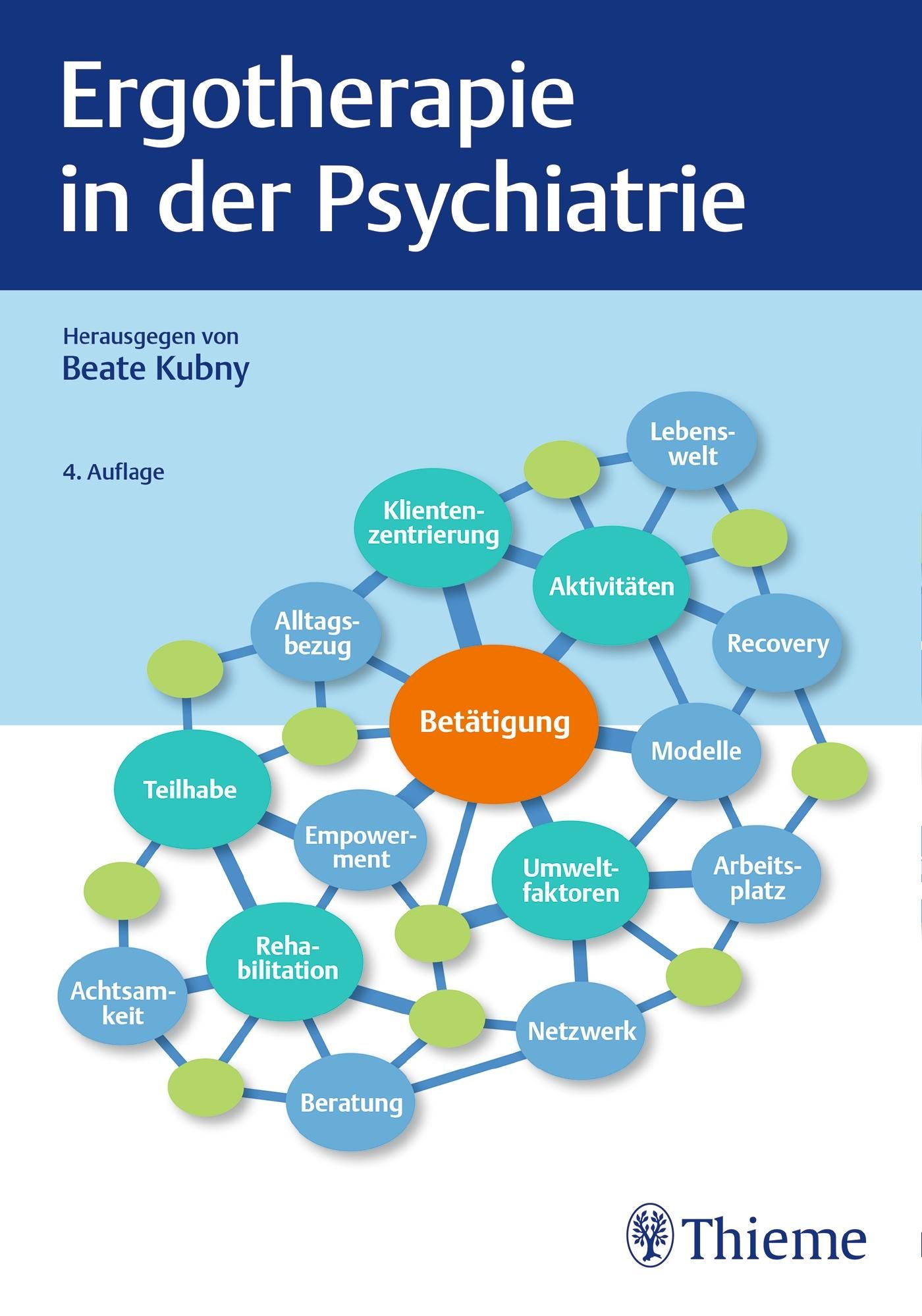Buchcover: Ergotherapie in der Psychiatrie. Herausgegeben von Beate Kubny. 4. Auflage. Mit Diagramm und Thieme-Logo.