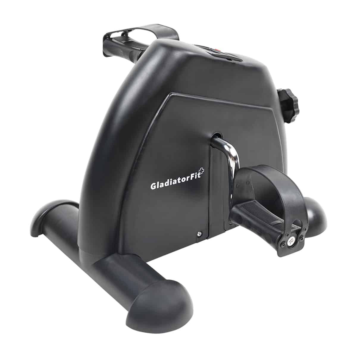 Schwarzer Mini-Heimtrainer mit Pedalantrieb. Mit GladiatorFit-Logo. Pedale und Haltegriffe aus Metall.