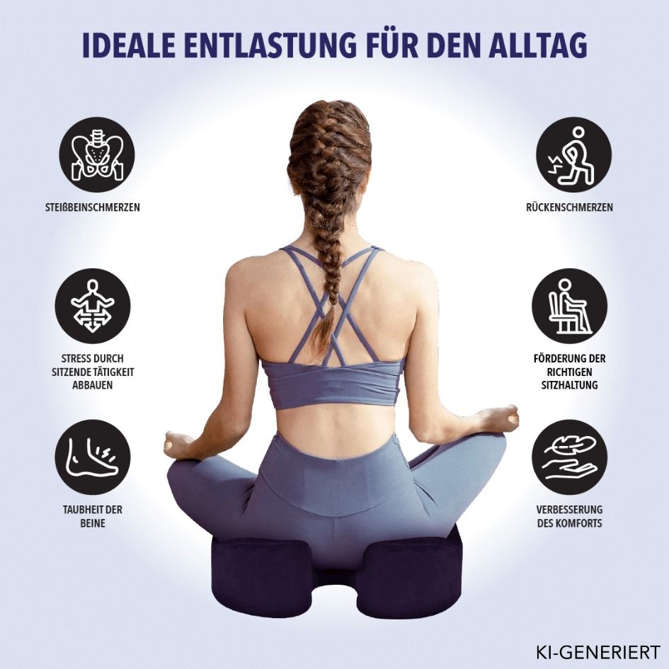 Frau in Meditationshaltung, umgeben von Symbolen für Linderung von Steißbein-, Rücken-, Beinbeschwerden.