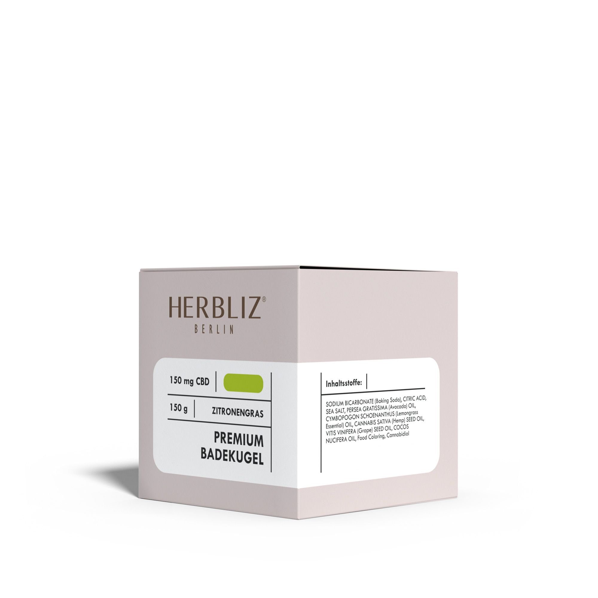 Verpackung mit Logo, Produktname und Inhaltsstoffen. 150mg CBD. Hellgrüne Badekugel nicht sichtbar.