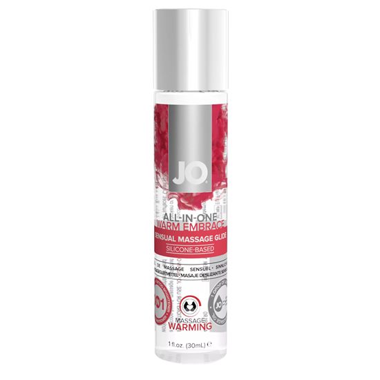 Zylindrische Flasche mit silbernem Deckel. Aufschrift "JO", "ALL-IN-ONE WARM EMBRACE", "SENSUAL MASSAGE GLIDE". "SILICONE-BASED".