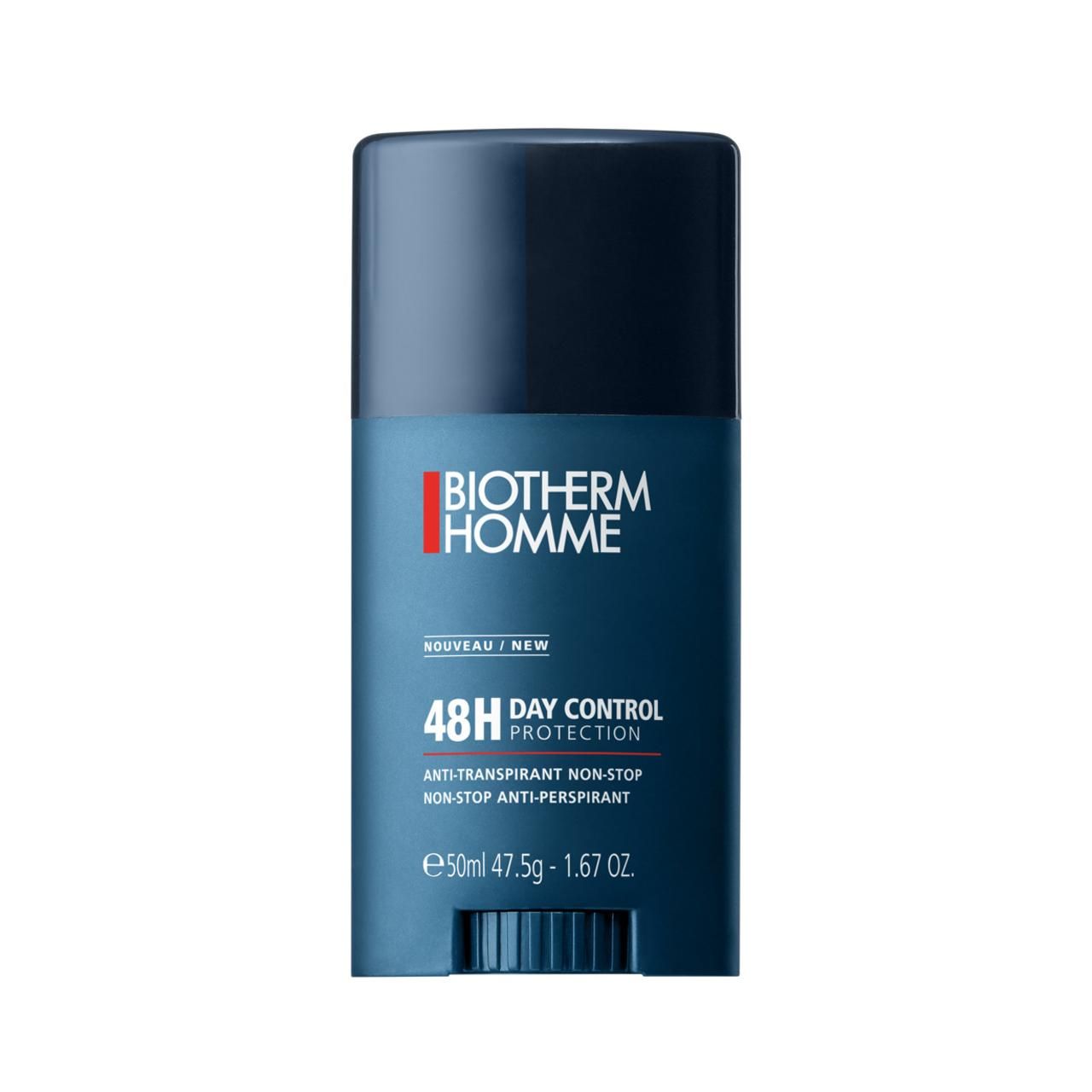 Blauer Deostift mit schwarzem Deckel. BIOTHERM HOMME, DAY CONTROL 48H Protection, Text auf der Vorderseite. 50ml 47.5g 1.67 OZ.