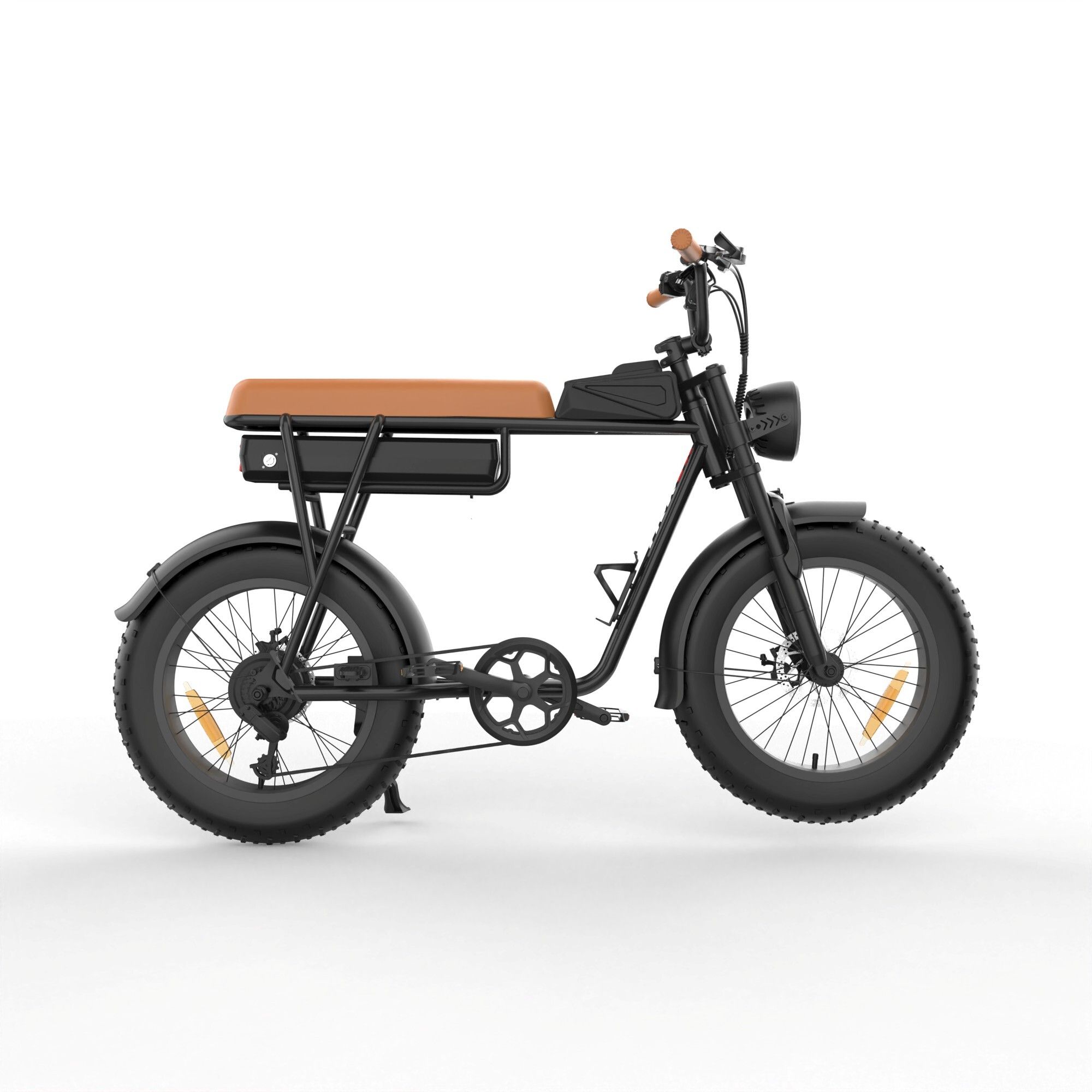 Schwarzes E-Bike mit braunem Sattel. Seitenansicht, breite Reifen. YAMALI FXH-006.