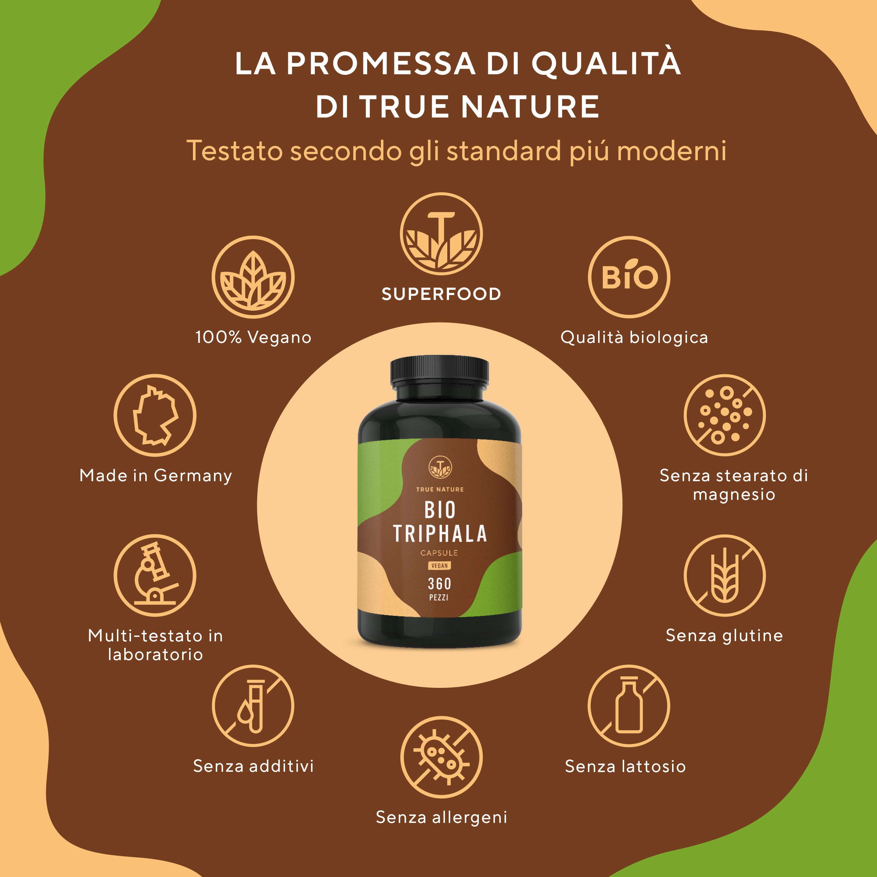 Grafica con flacone e simboli. 100% Vegano, Bio, Made in Germany, Senza glutine, Senza lattosio.