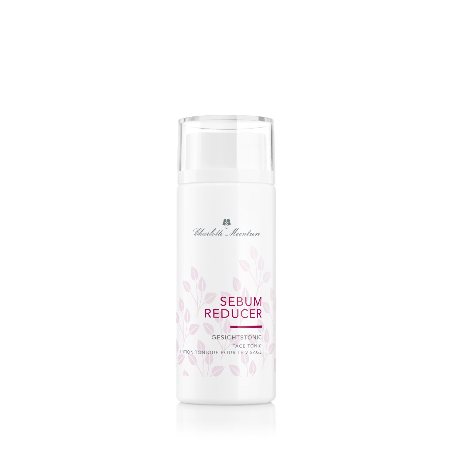 Weiße Flasche mit Sprühkopf. Aufschrift: Sebum Reducer, Gesichtstonic. Marke: Charlotte Meentzen. Floral-Dekor.