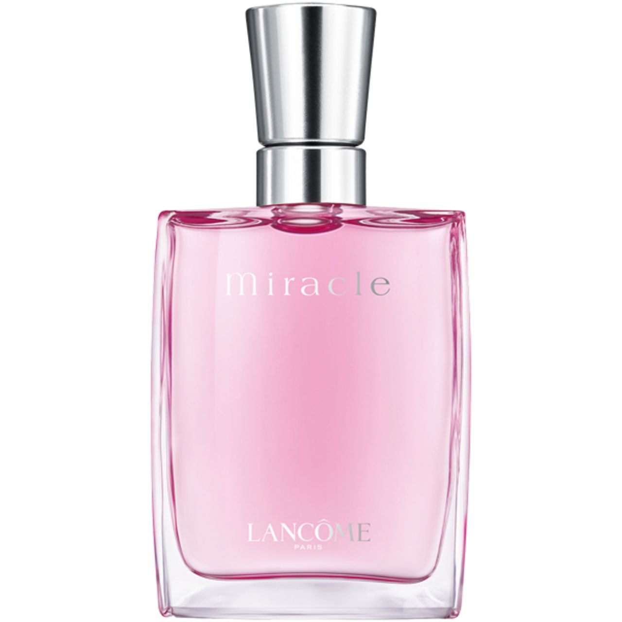 LANCÔME Miracle Flakon, rosa Flüssigkeit, silberner Verschluss. Schriftzug: Miracle, LANCÔME.