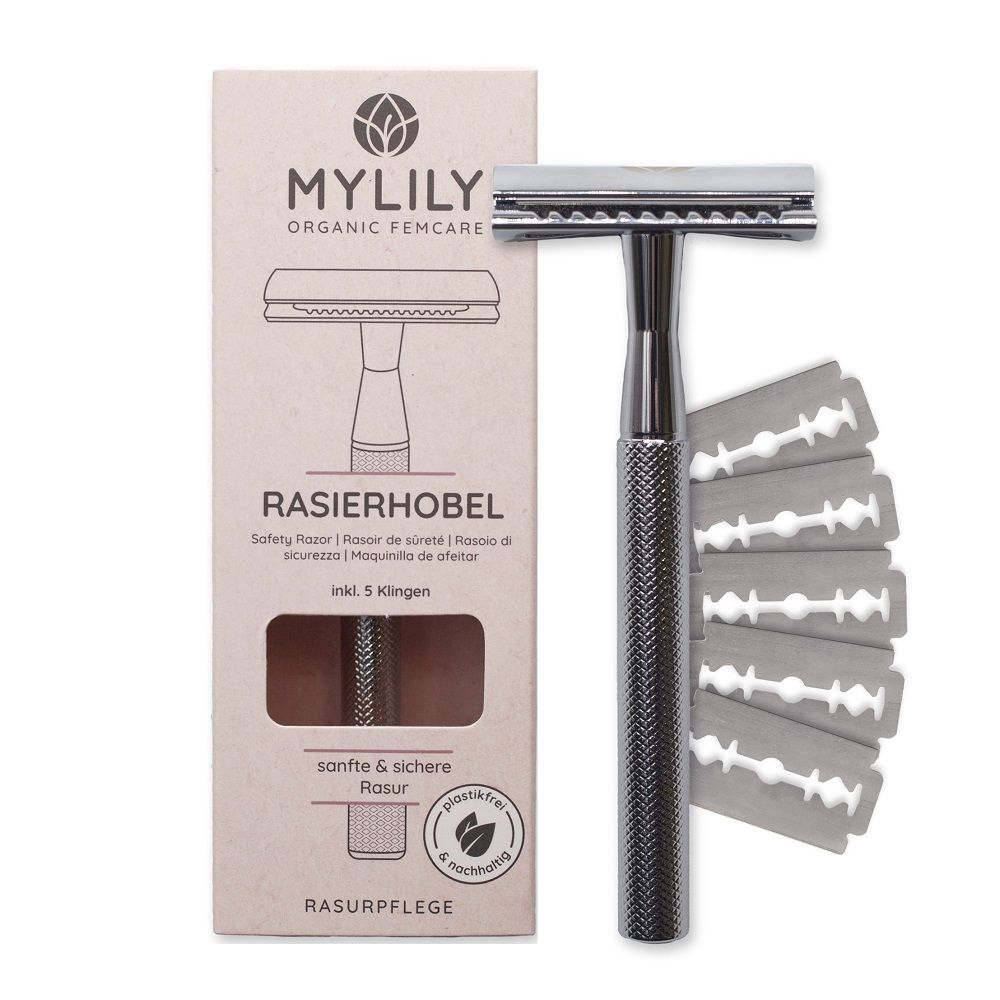 Rasierhobel mit 5 Klingen und Verpackung. Marke MYLILY. Silberfarbener Rasierer mit geriffeltem Griff und Klingen.