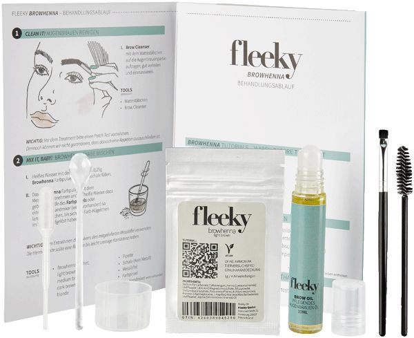 Fleeky Browhenna Kit mit Anleitung und Zubehör: Pinsel, Bürste, Spatel, Behälter, Ölflasche, Henna-Beutel.