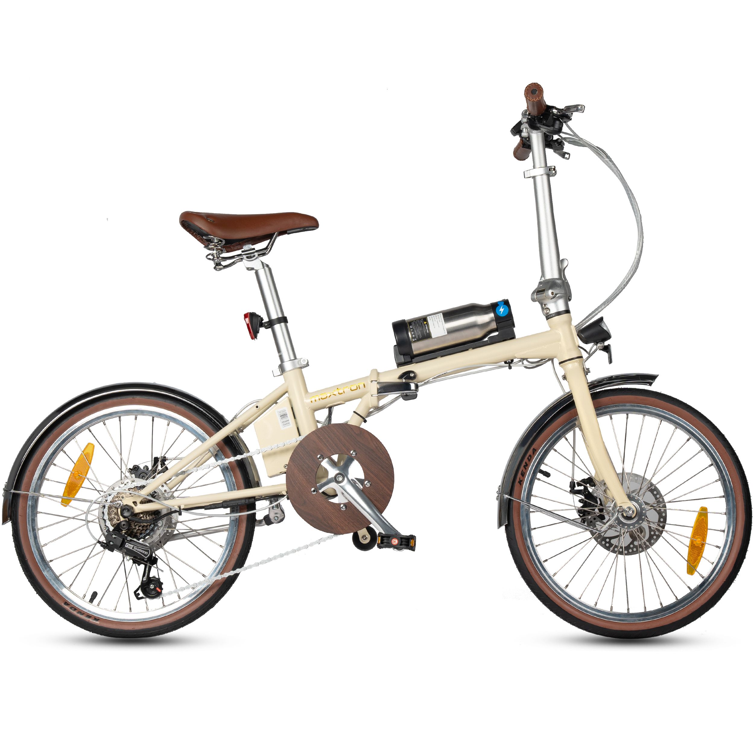 Beige E-Bike mit braunen Reifen und Sattel. Sichtbar: Motor, Akku, Schutzbleche, Bremsen. Aufschrift: Maxtron.