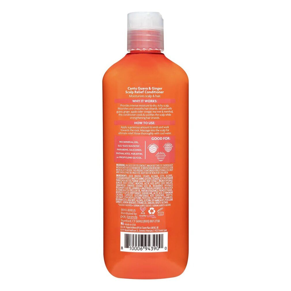 Rückseite einer orangefarbenen Flasche. Text: Cantu Guava & Ginger Scalp-Relief Conditioner. Informationen zur Anwendung und Inhaltsstoffe.