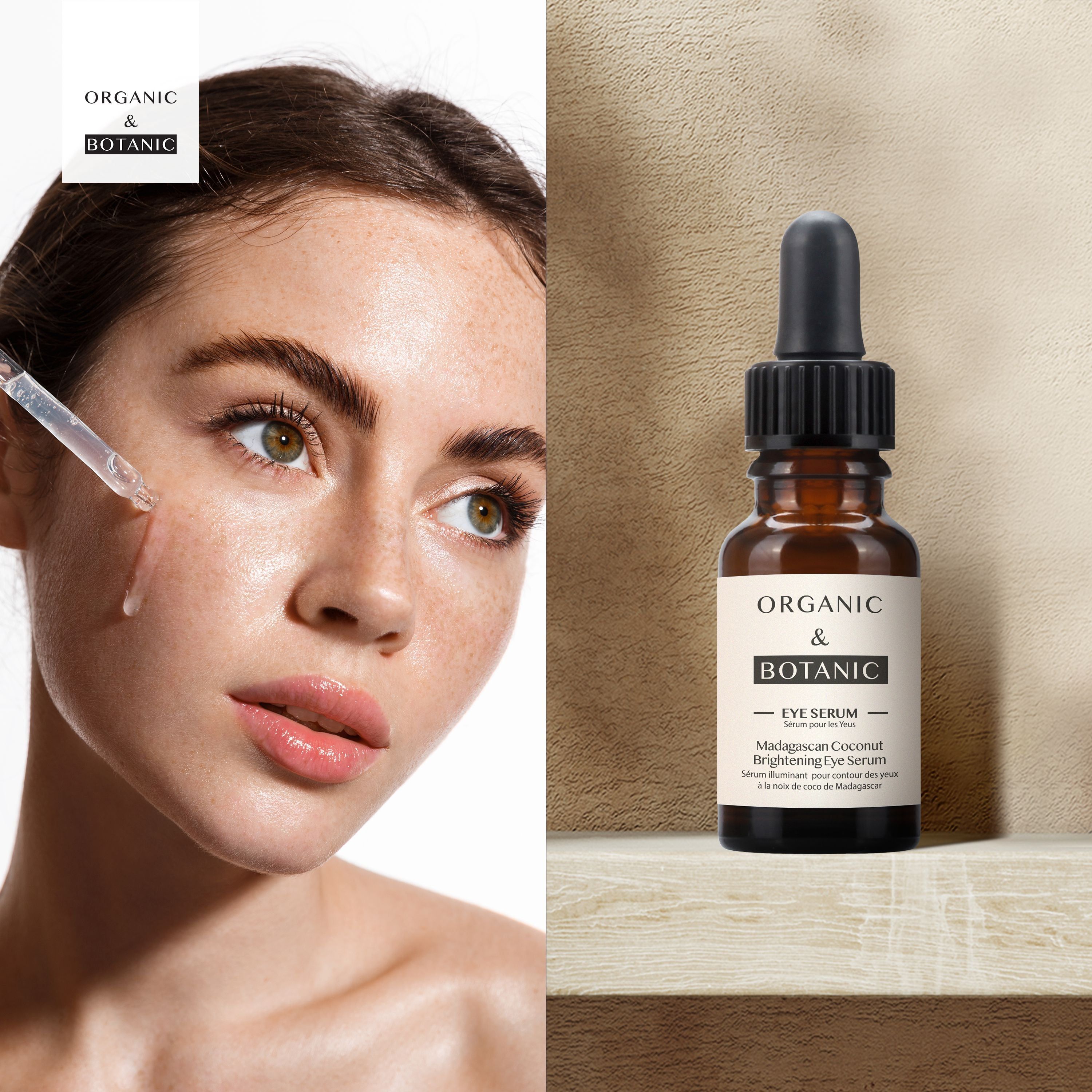 Frau mit Serum-Applikator. Braune Glasflasche mit Tropfer. Auf dem Etikett steht "Organic & Botanic EYE SERUM".