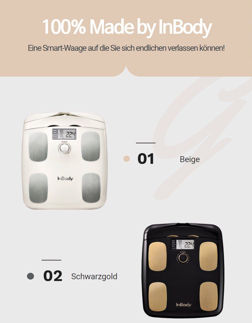 Werbebild mit zwei InBody DIAL H20B Waagen. Eine in Beige, eine in Schwarz-Gold. Text: 100% Made by InBody.